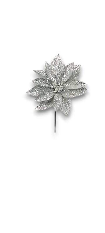 7.5" Mini Glitter Poinsettia Pick w/3.5" Head Silver