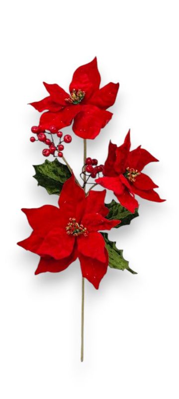 25" Velvet Poinsettia/Holly Spray x3 Red