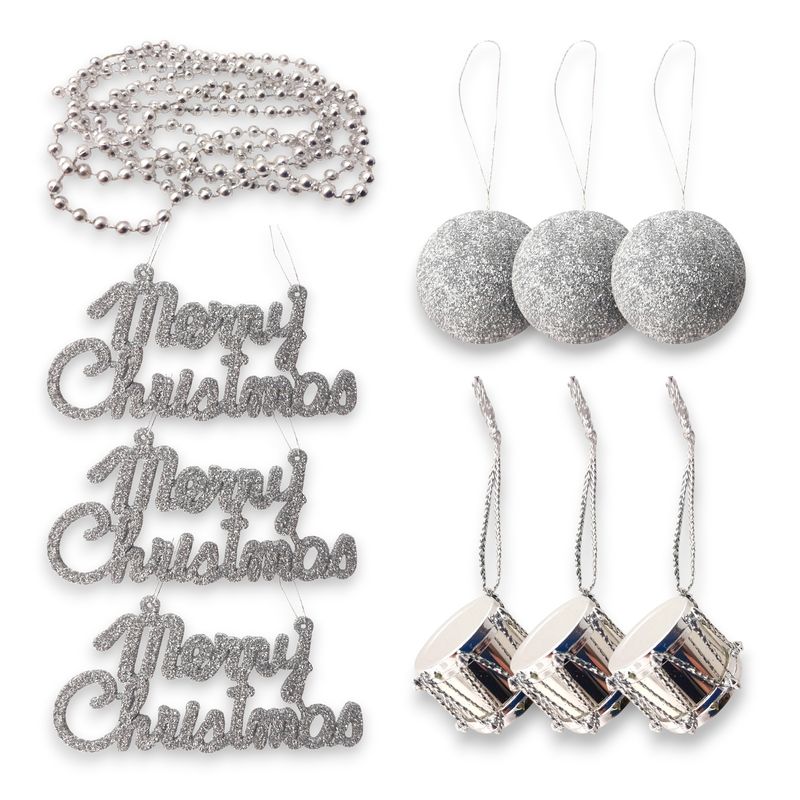 4' Bead Garland w/Drum &amp; Ball Ornaments/"Merry Christmas" Ornaments Silver