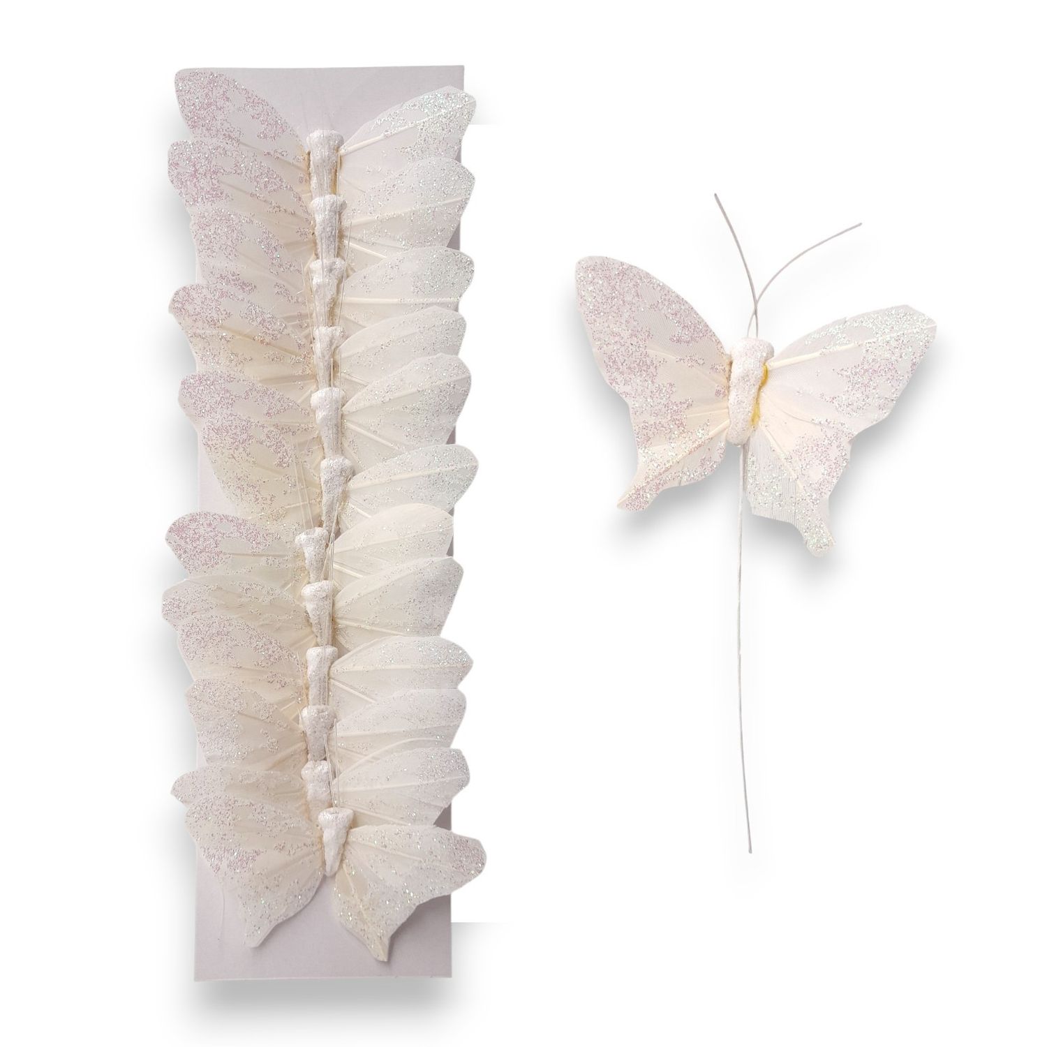 12pc 3" Glitter Butterflies on 3" Wire White