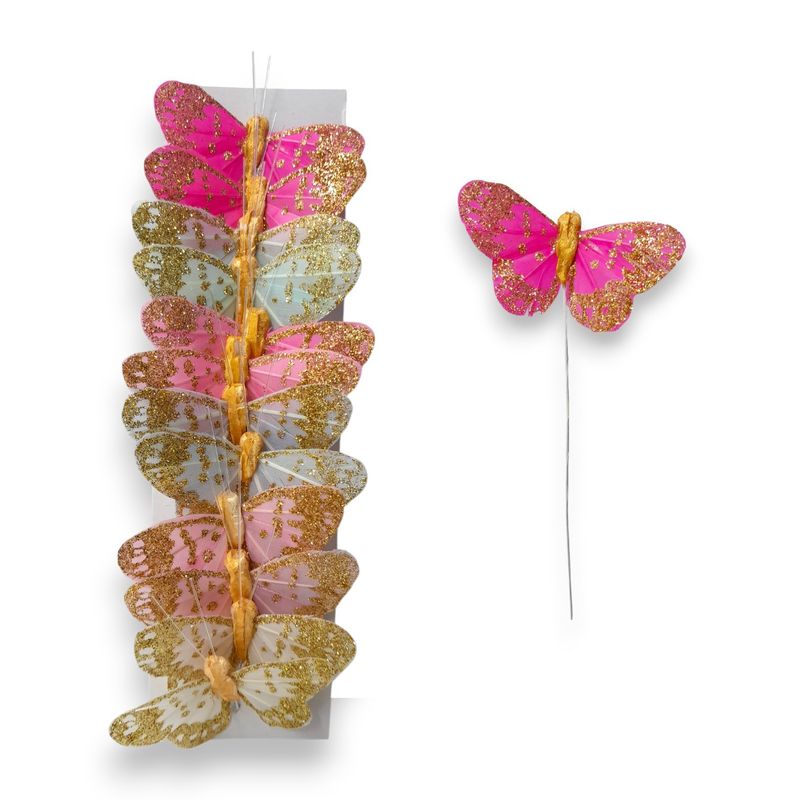 12pc 2" Glitter Butterflies on 3" Wire Pink/Blue/Gold