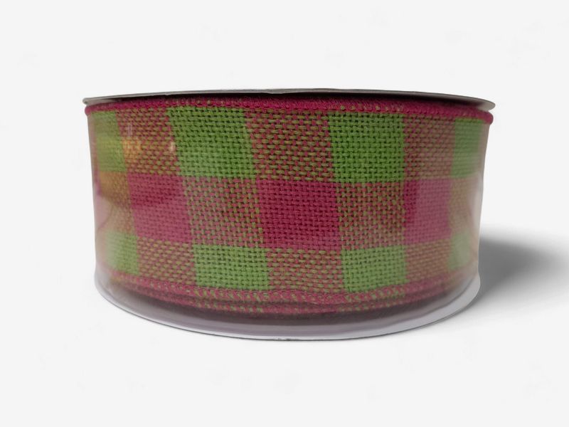 2.5"x25yd Faux Burlap Check Ribbon Pink/Green
