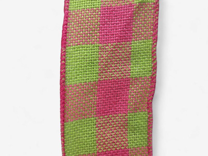 2.5"x25yd Faux Burlap Check Ribbon Pink/Green