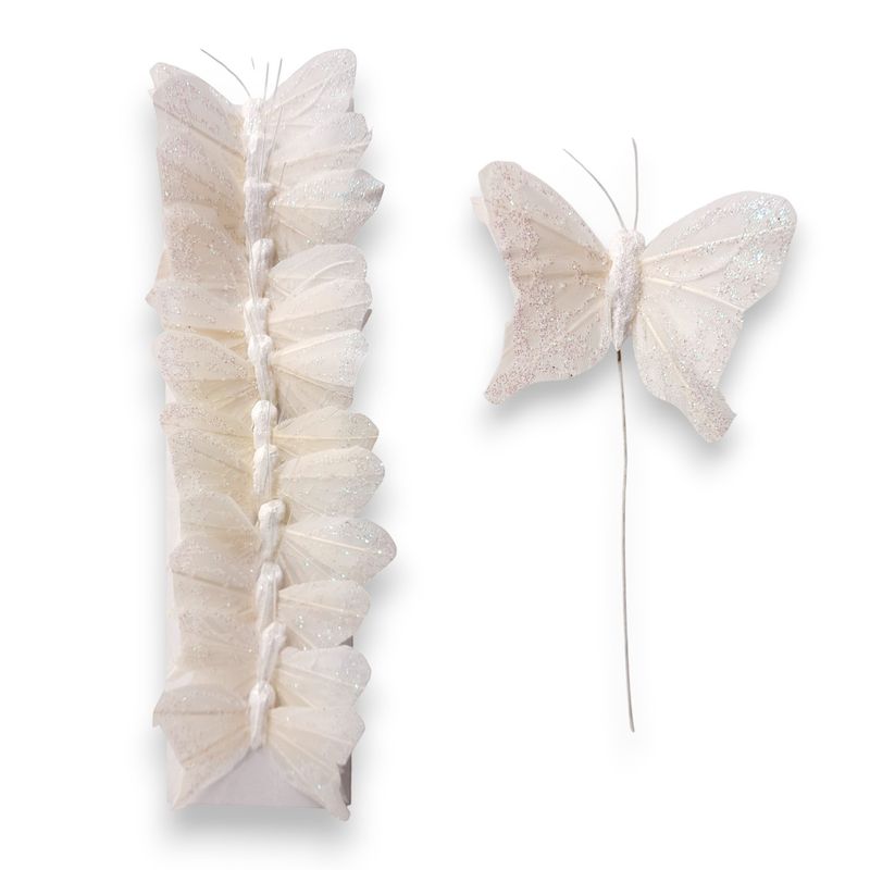 12pc 2" Glitter Butterflies on 3" Wire White