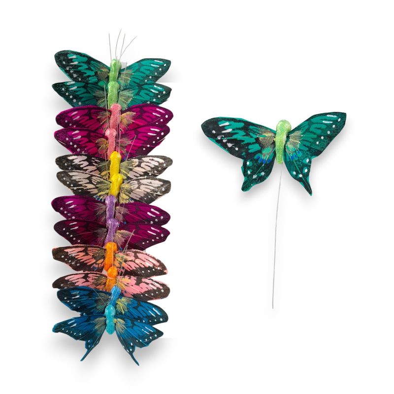 12pc 2.5" Butterflies on 3" Wire Multicolor w/Glitter Body