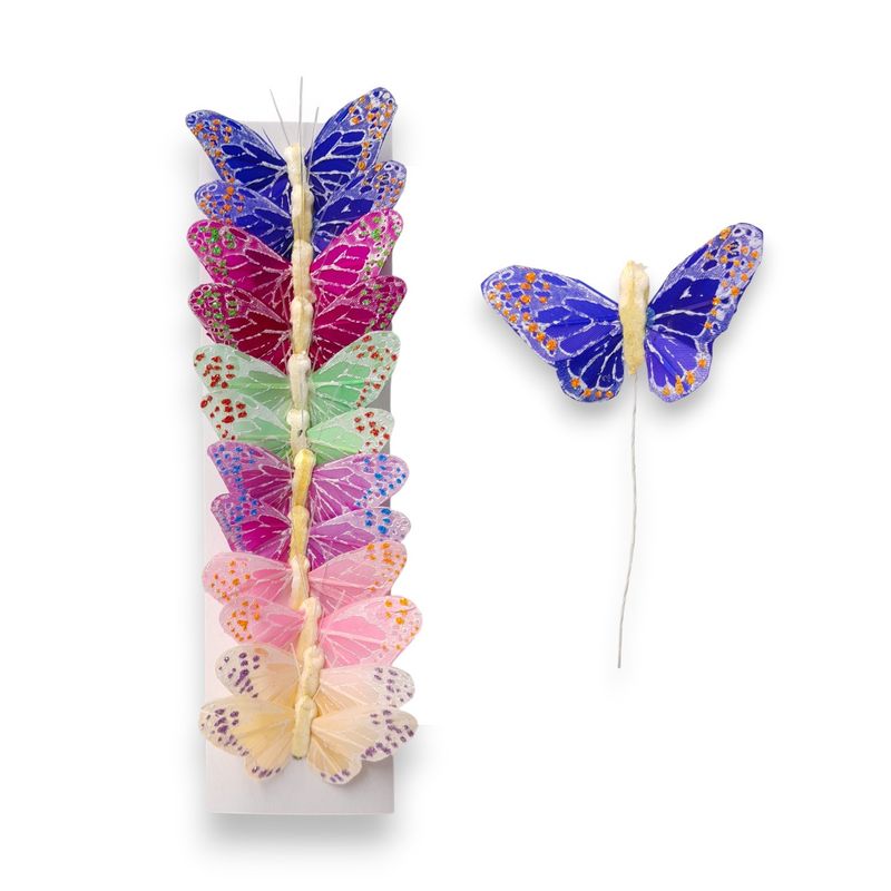 12pc 2" Butterflies on 3.5" Wire Multicolor w/Glitter Dots