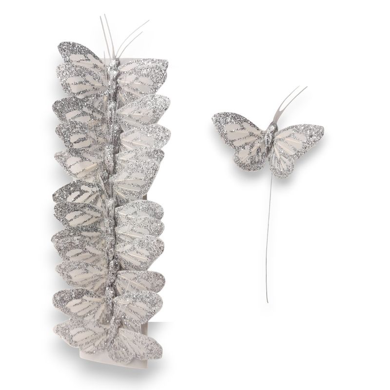 12pc 3" Glitter Butterflies on 3" Wire Silver