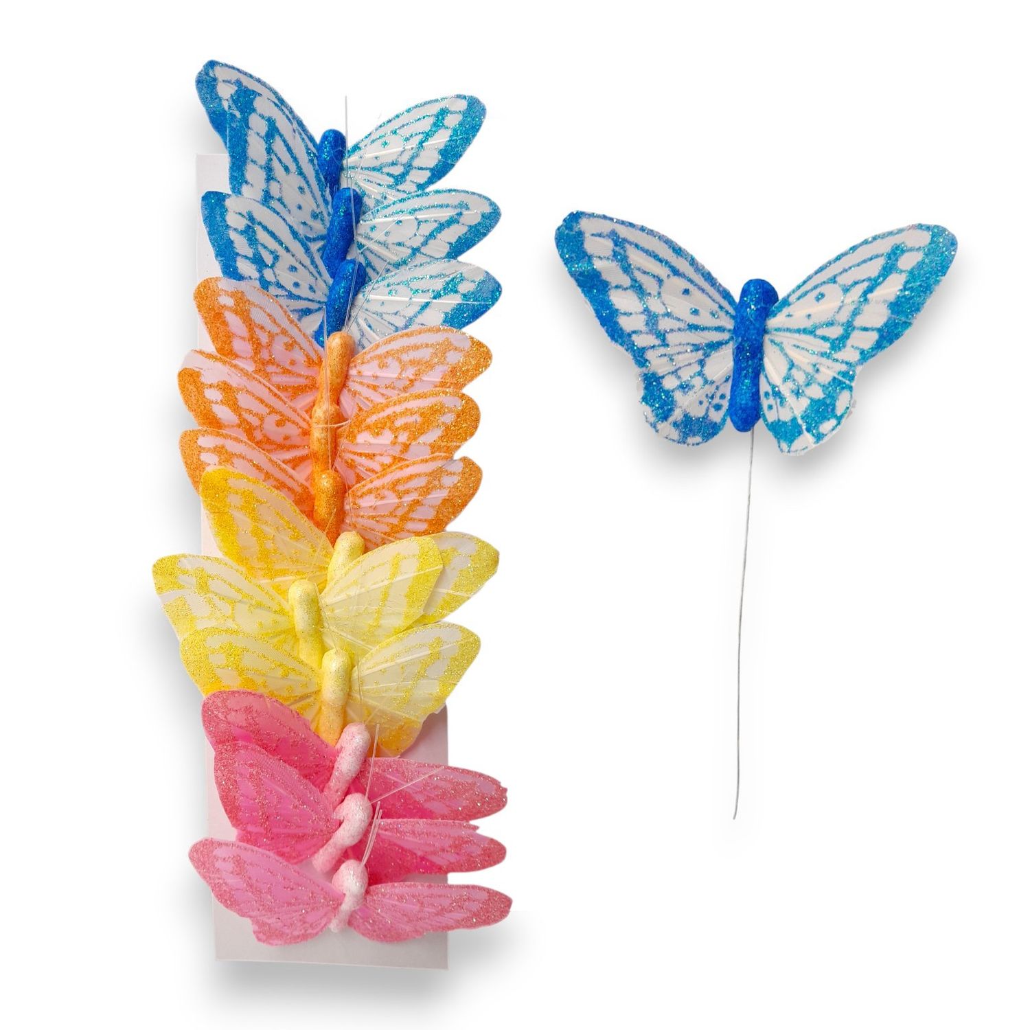 12pc 3" Glitter Butterflies on 4" Wire Multi Pastel