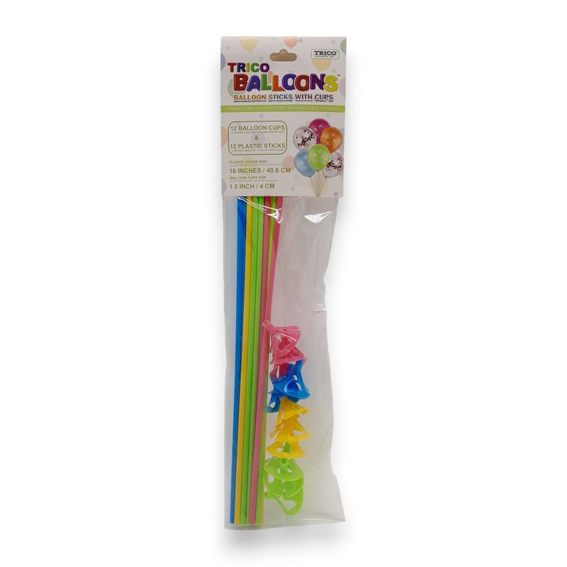 12pc 16” Balloon Sticks w/Cups Assorted