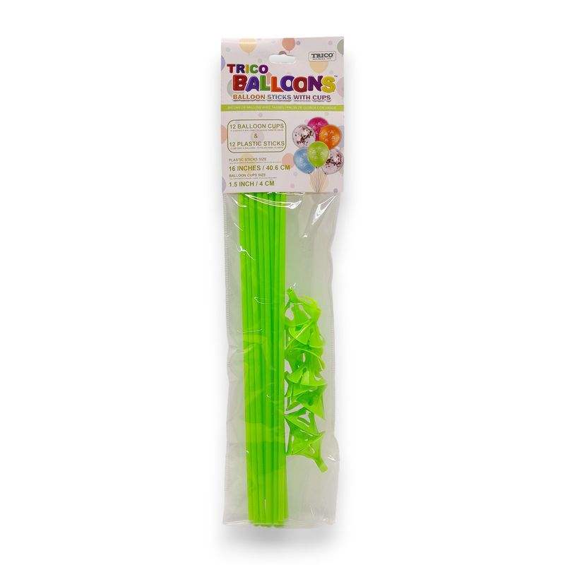 12pc 16” Balloon Sticks w/Cups Green