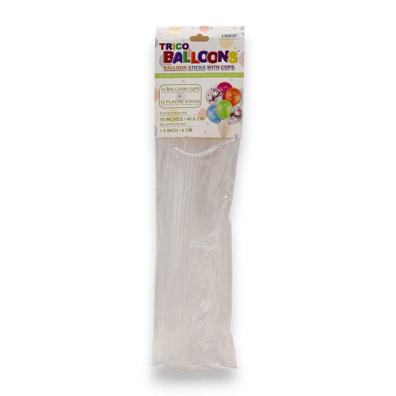 12pc 16” Balloon Sticks w/Cups Clear