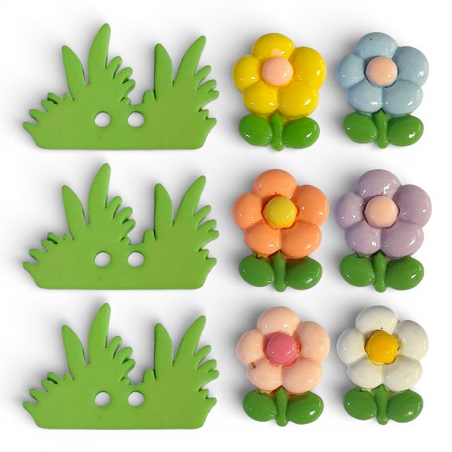 9pc Multi Color Flower Embellishments w/Greenery Buttons