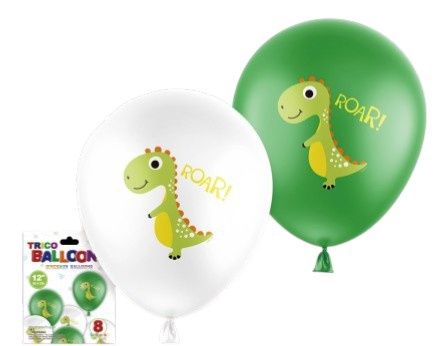 12" Dinosaur Latex Balloon 8pc White &amp; Green