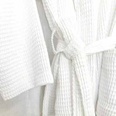 Waffle Cotton Robe - Kimono Collar
