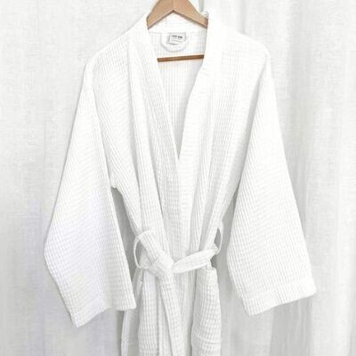 Waffle Cotton Robe - Kimono Collar