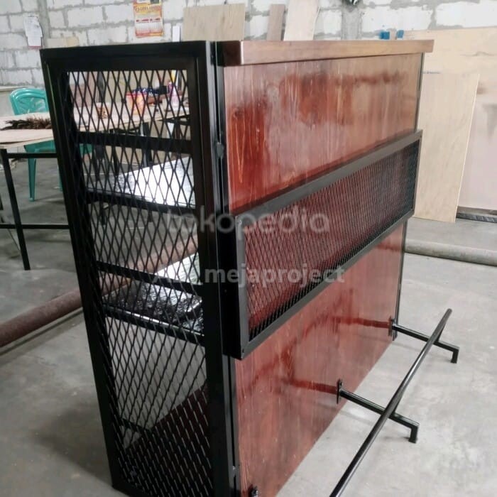 Minibar Industrial Rustic Jati Belanda kombinasi Besi Hollow Galvanis 150*40*110