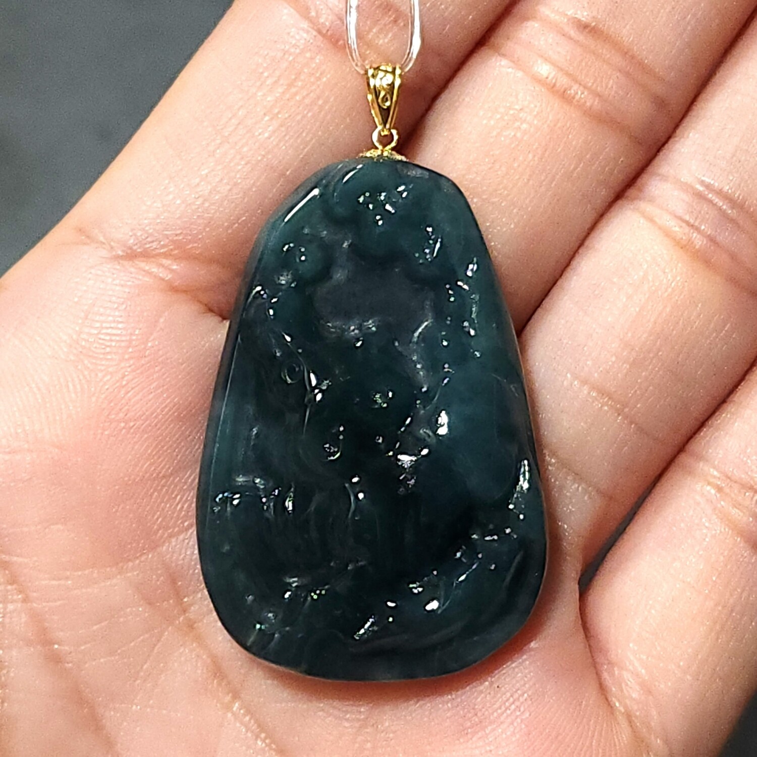 Natural Blue Water Jade Ox Pendant - 18K