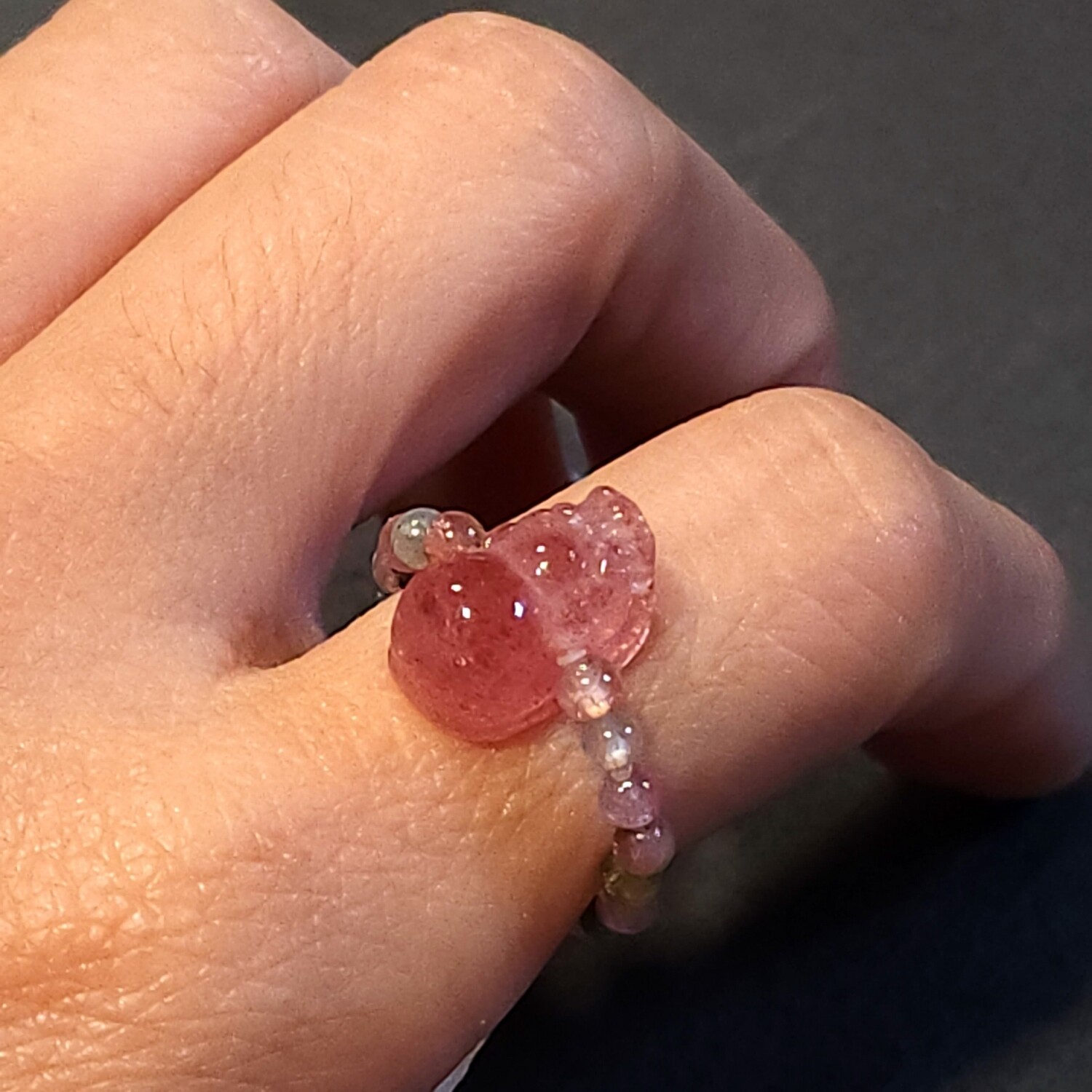 Natural Tourmaline x Strawberry Quartz Pixiu Ring