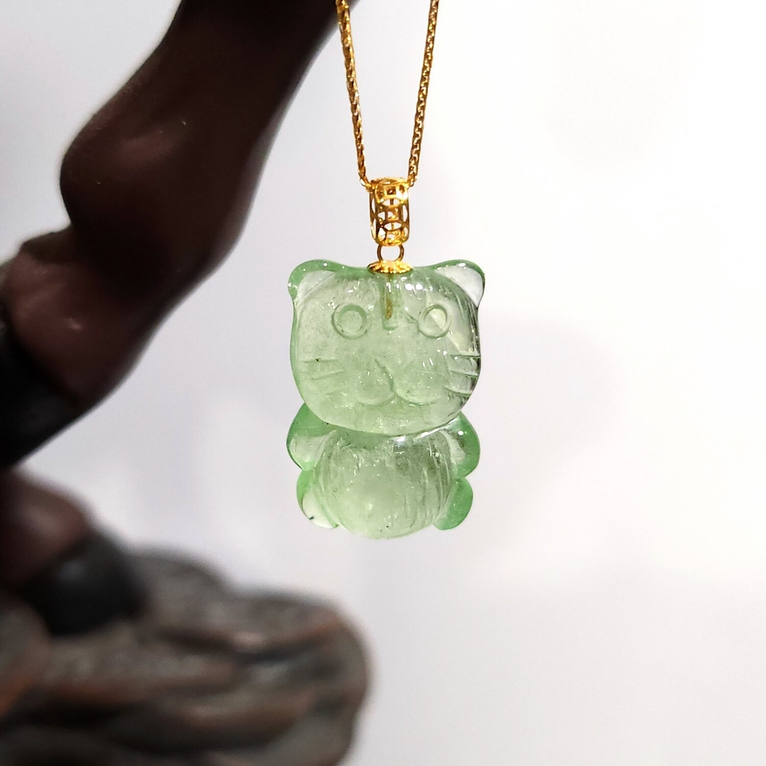 Natural Green Tourmaline Tiger Pendant - 18K