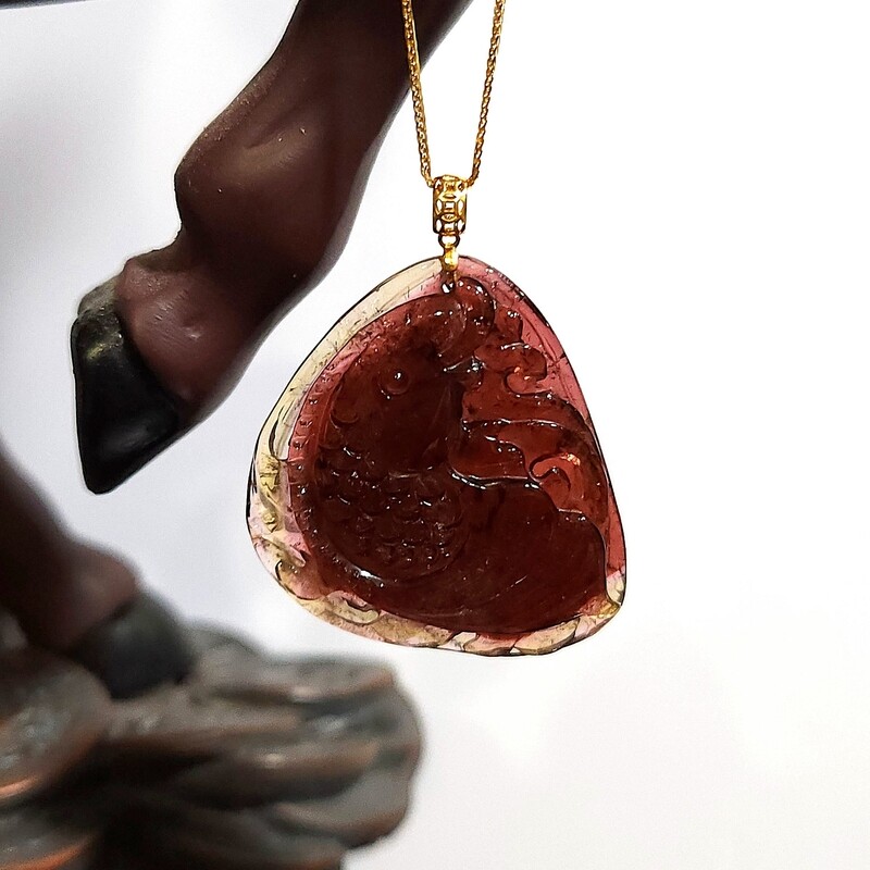 Natural Watermelon Tourmaline Fish Pendant 18K