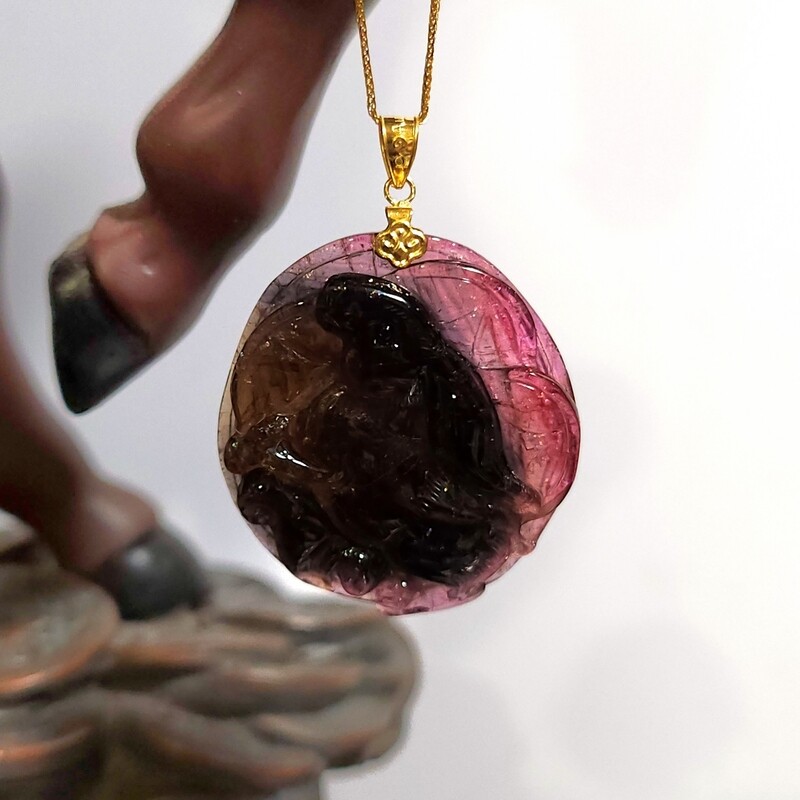 Natural Watermelon Tourmaline Rabbit Carving Pendant 18k