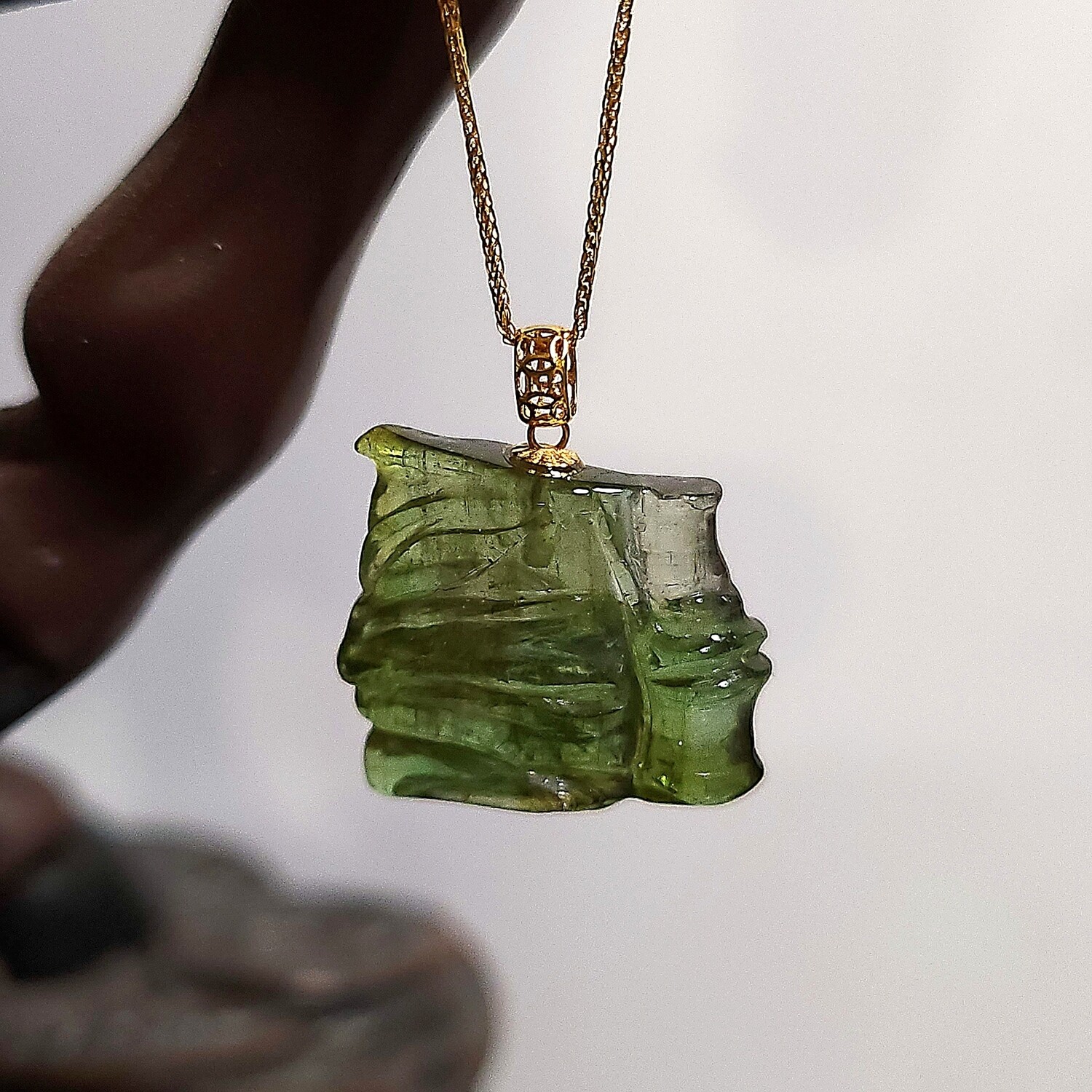 Natural Tourmaline Bamboo Pendant - 18K