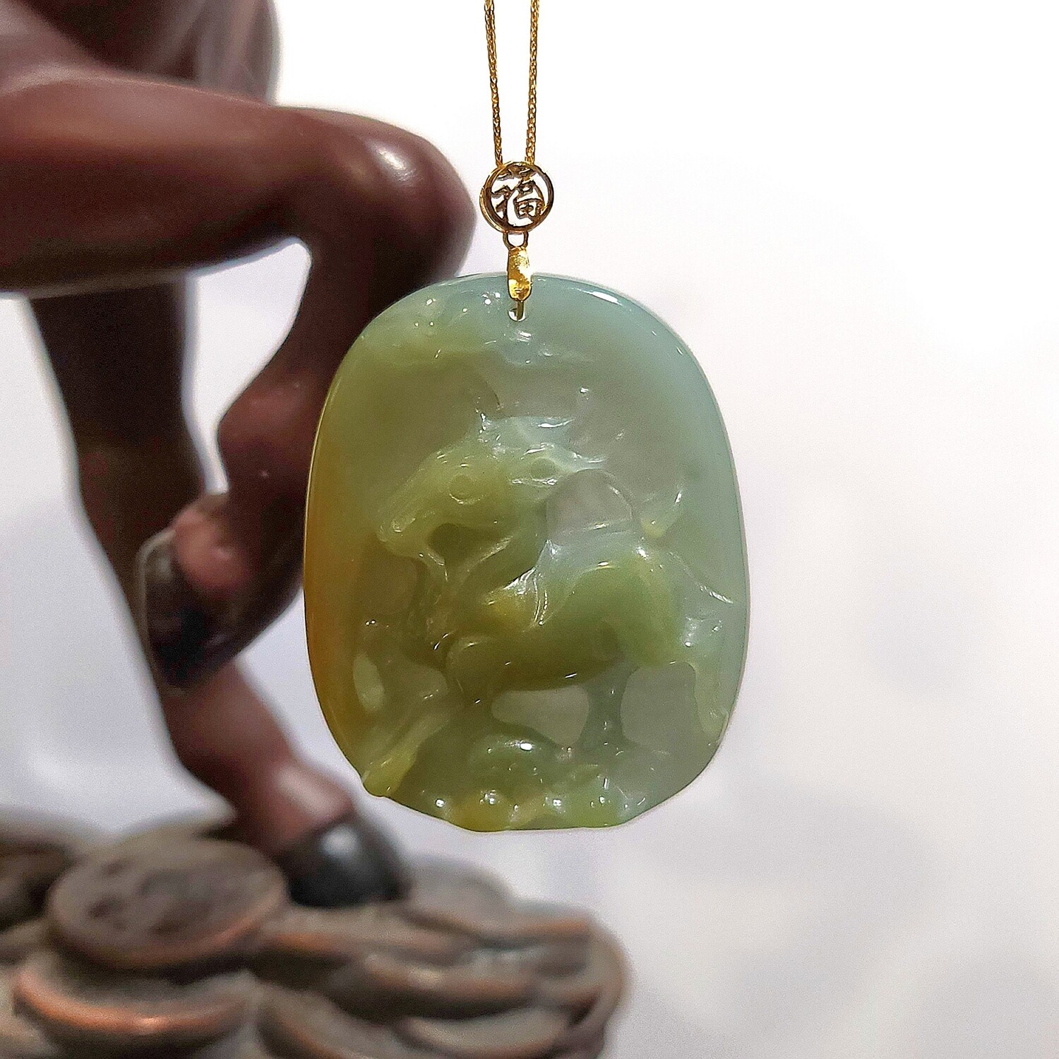 Natural Blue Water Jade Goat Pendant - 18K