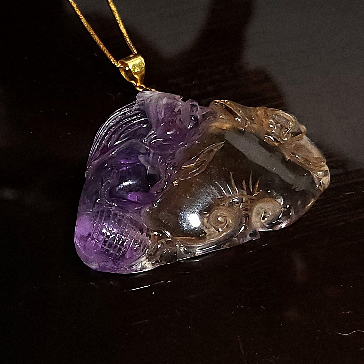 Natural Ametrine Pixiu &amp; Ruyi Carving Pendant - 18K