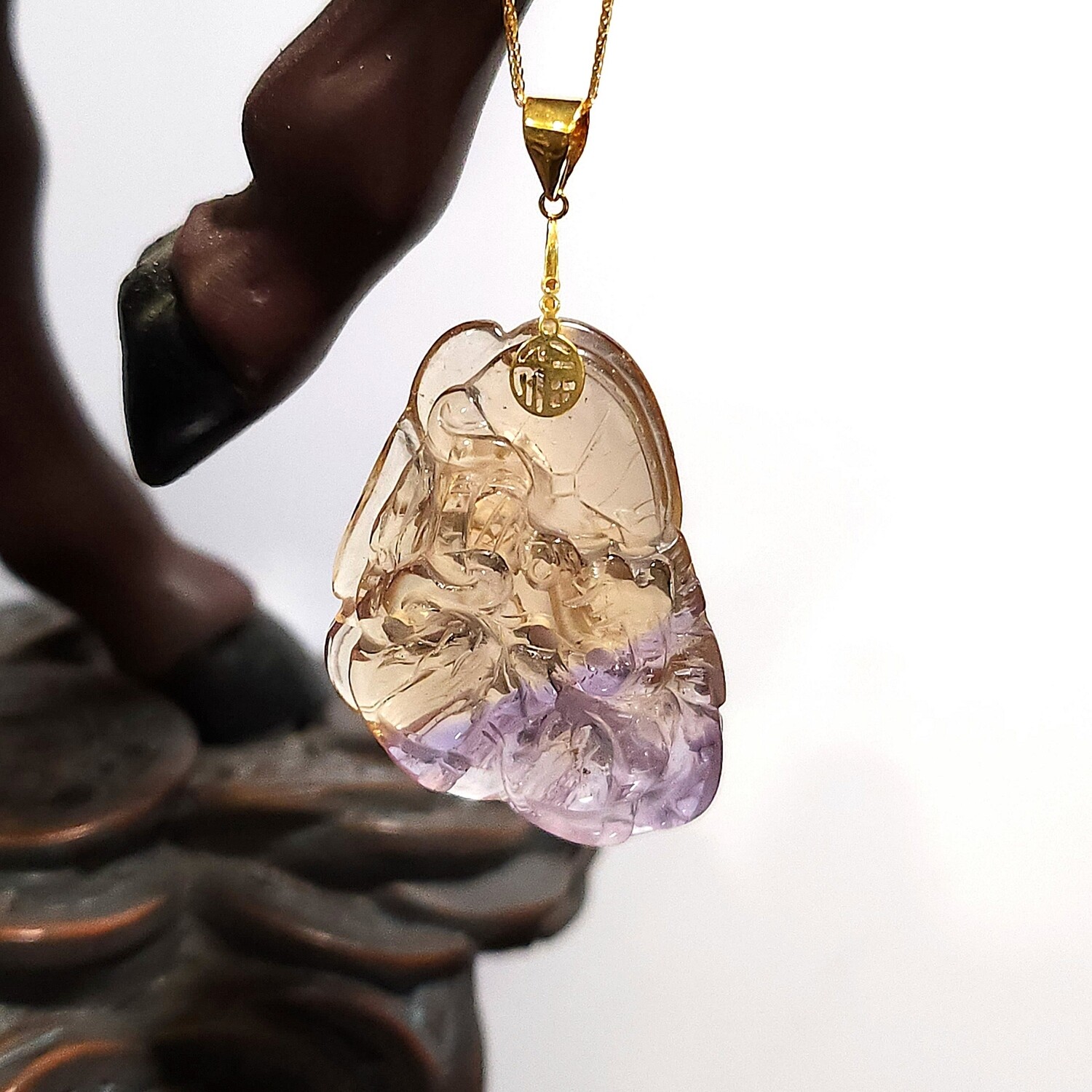 Natural Ametrine with Pixiu &amp; Coin Carving - 18K