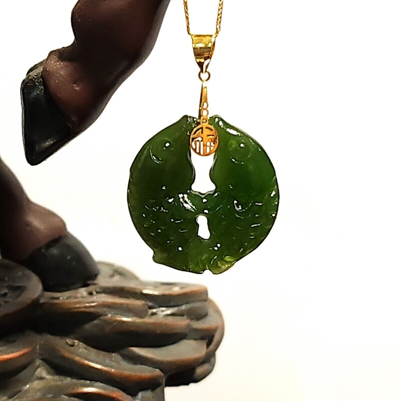 Natural Hetian Jade Double Koi Fish Pendant - 18K