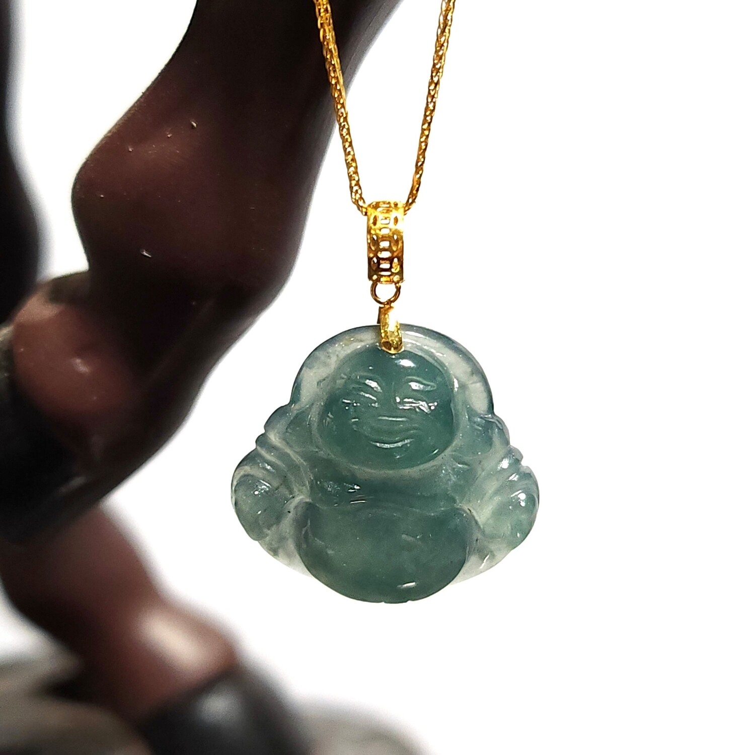 Natural Blue Water Jade Buddha Pendant - 18K