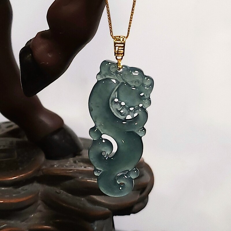 Natural Blue Water Ice Jade Dragon Pendant 18K