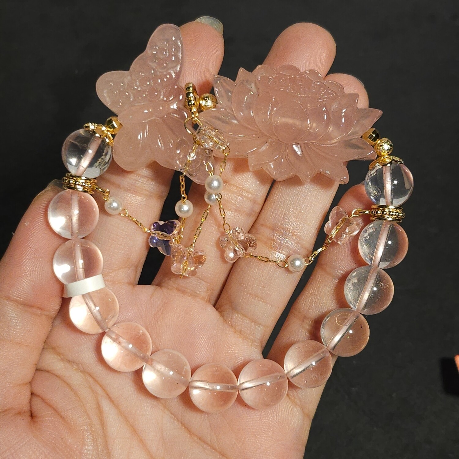 Natural Starlight Rose Quartz with Butterfly &amp; Lotus