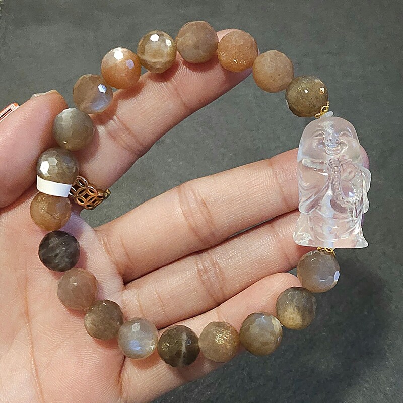 Natural Golden Black Sunstone x Clear Quartz Buddha - 18K