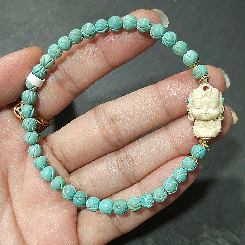 Natural Lotus Turquoise x Ivory Mammoth Guanyin - 18K