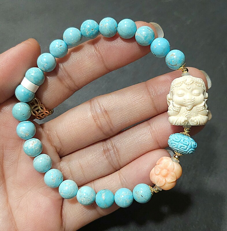 Natural Turquoise x Ivory Mammoth Ganesha x Coral Clover - 18K