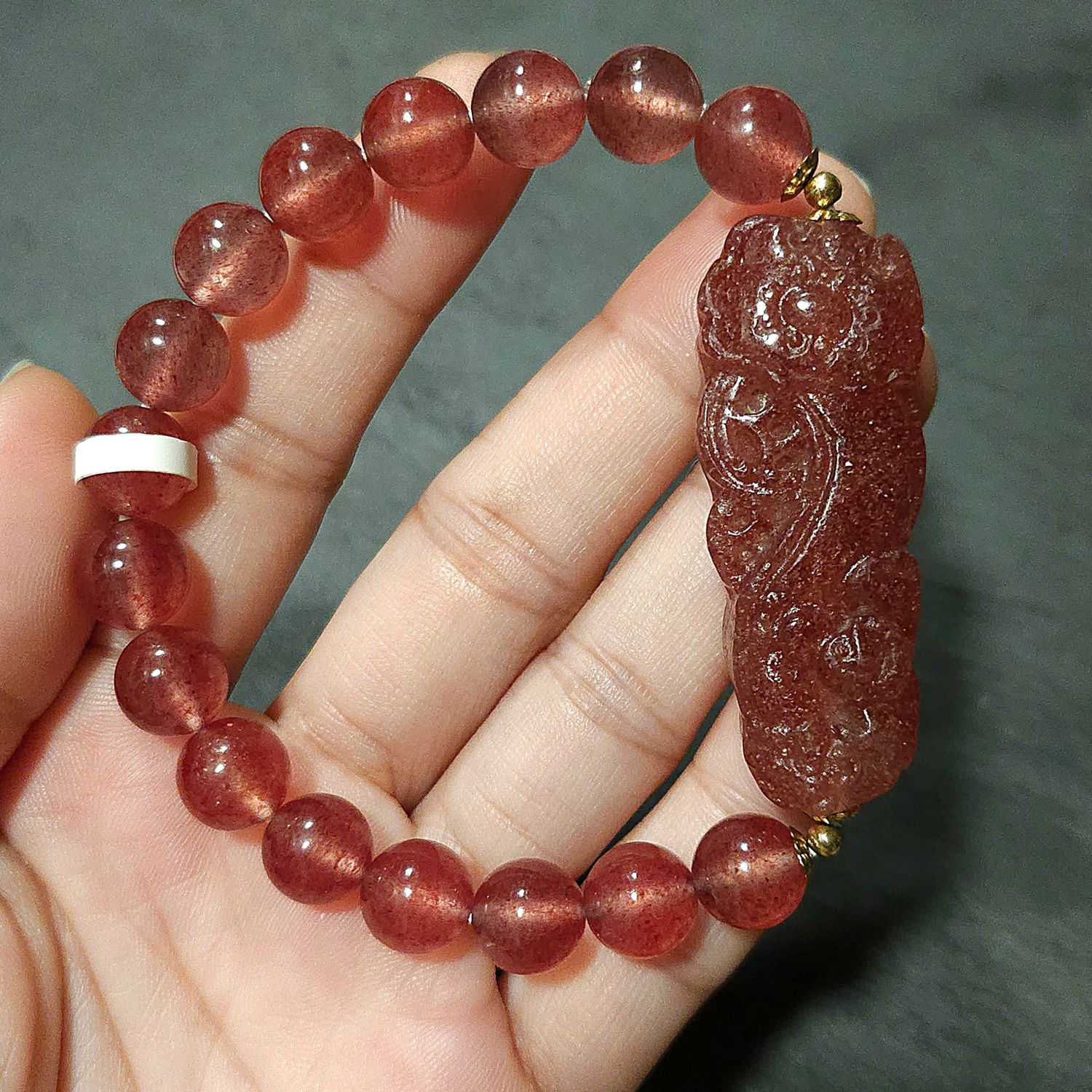 Natural Strawberry Quartz with Ruyi &amp; Money Coin
