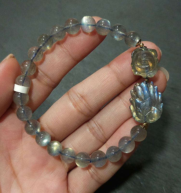 Natural Grey Moonstone with 9 Tail Fox &amp; Flower