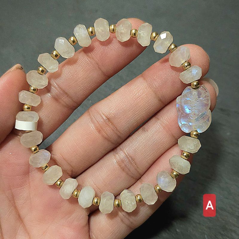 Natural Moonstone with Lucky Cat Charm Blue Flash