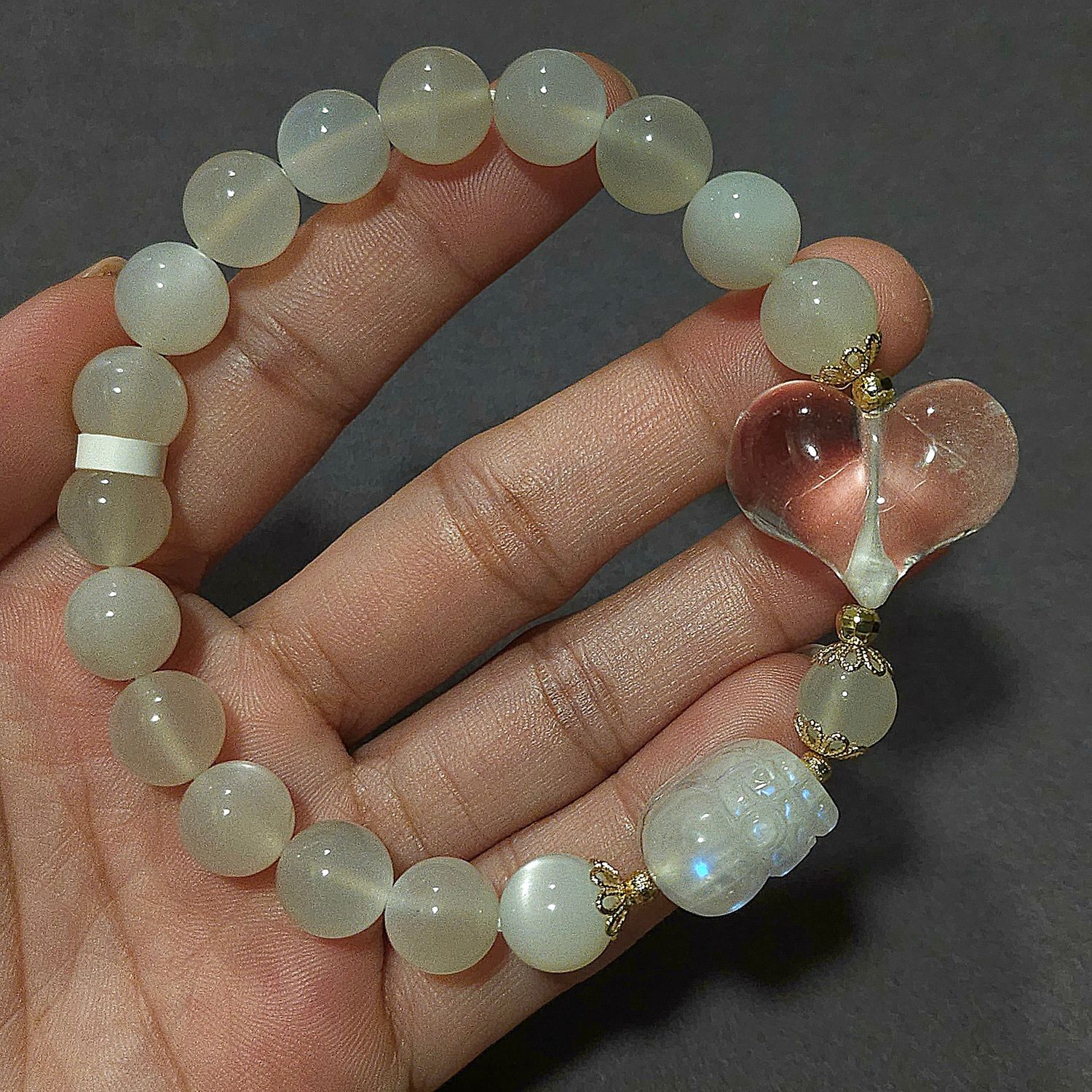 Natural Moonstone with Pixiu x Clear Quartz Heart