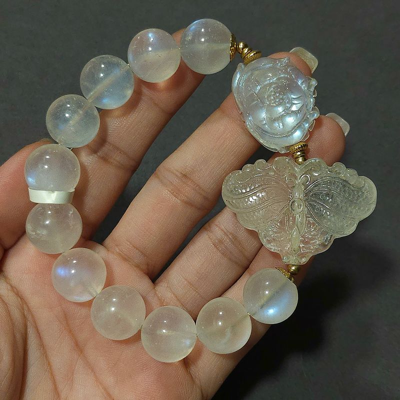 Natural Blue Moonstone with Rose x Clear Quartz Butterfly