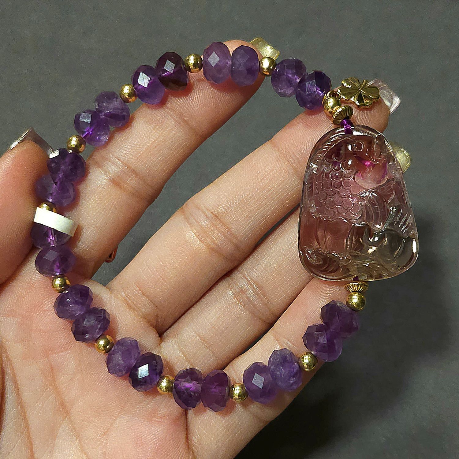 Natural Amethyst with Fish &amp; Ruyi