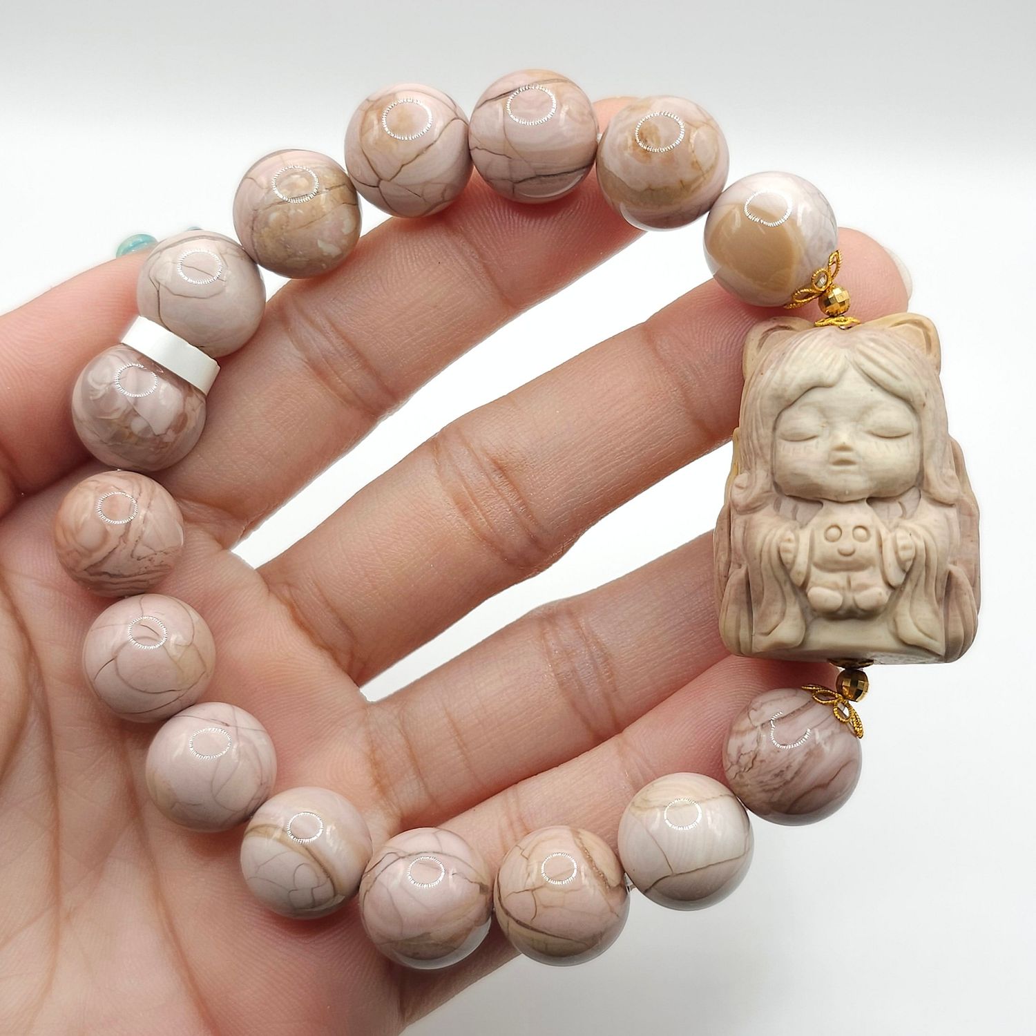 Natural Pink Alashan Agate with 9 Tail Princess - 18K