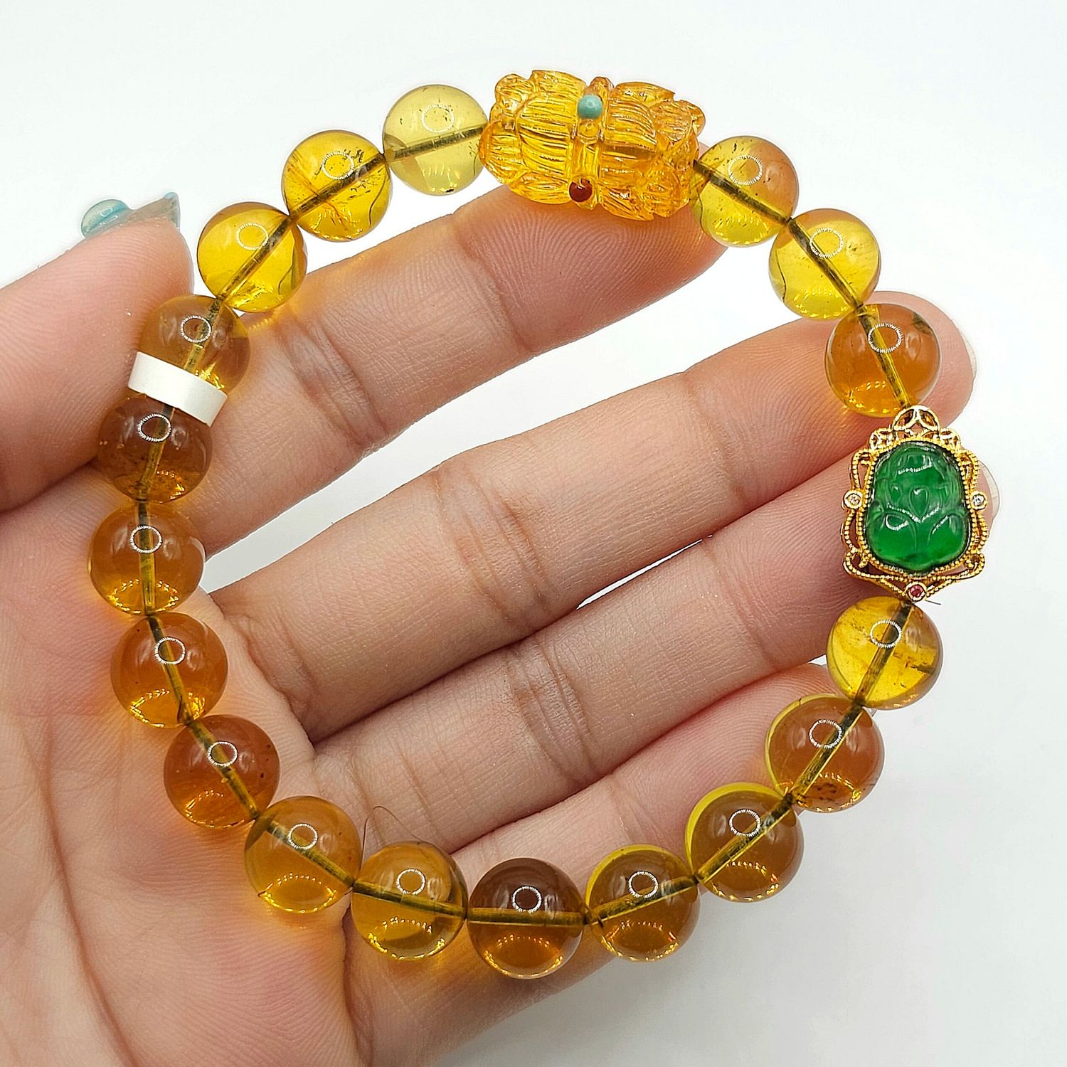 Natural Blue Amber with Lotus x Imperial Jade Pixiu - 18k