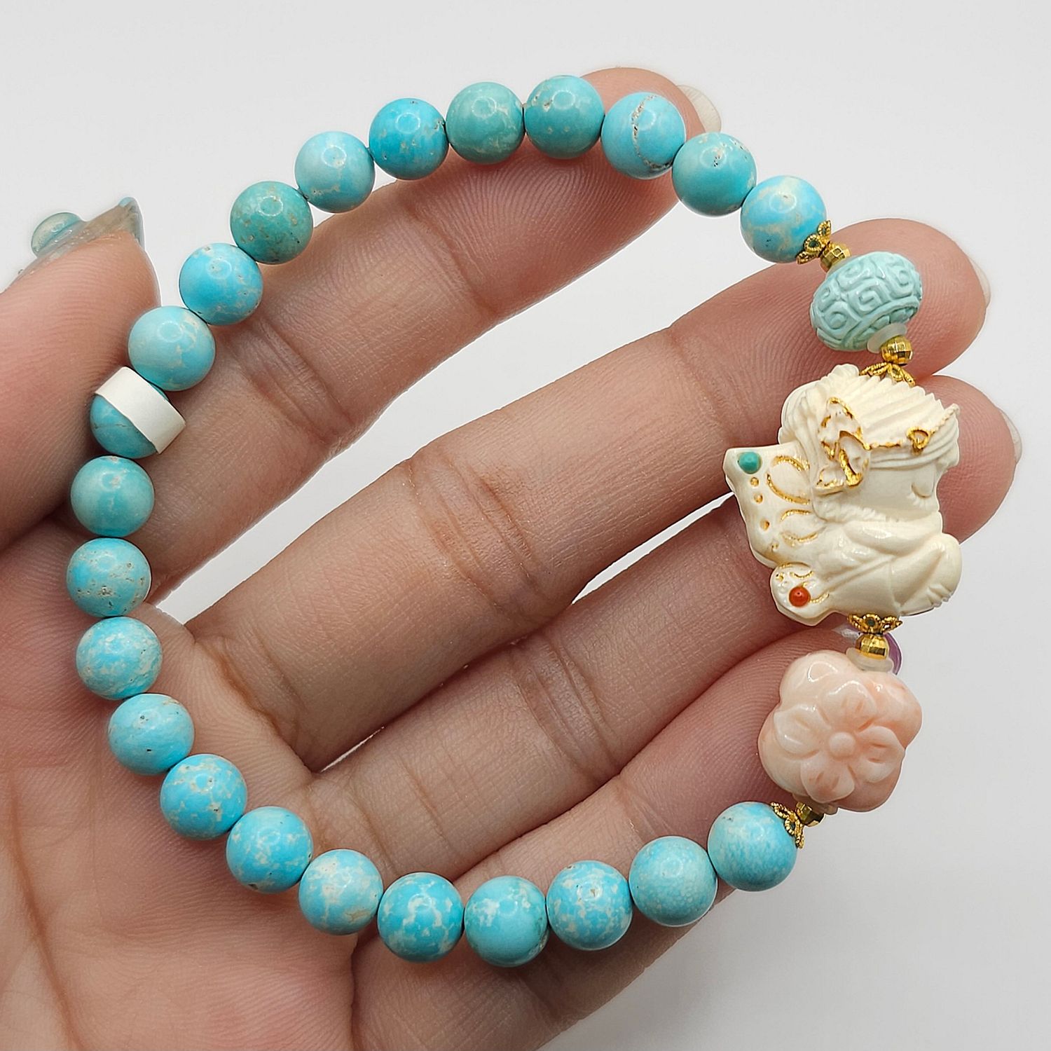 Natural Turquoise x Ivory Mammoth Guanyin x Coral Clover - 18K