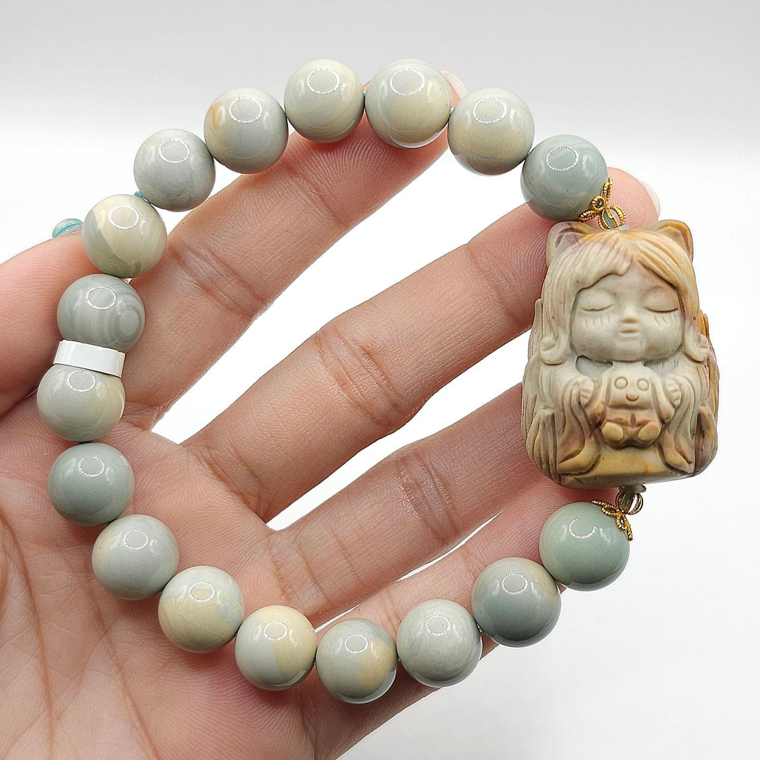 Natural Ocean Blue Alashan Agate with 9 Tail Princess - 18K