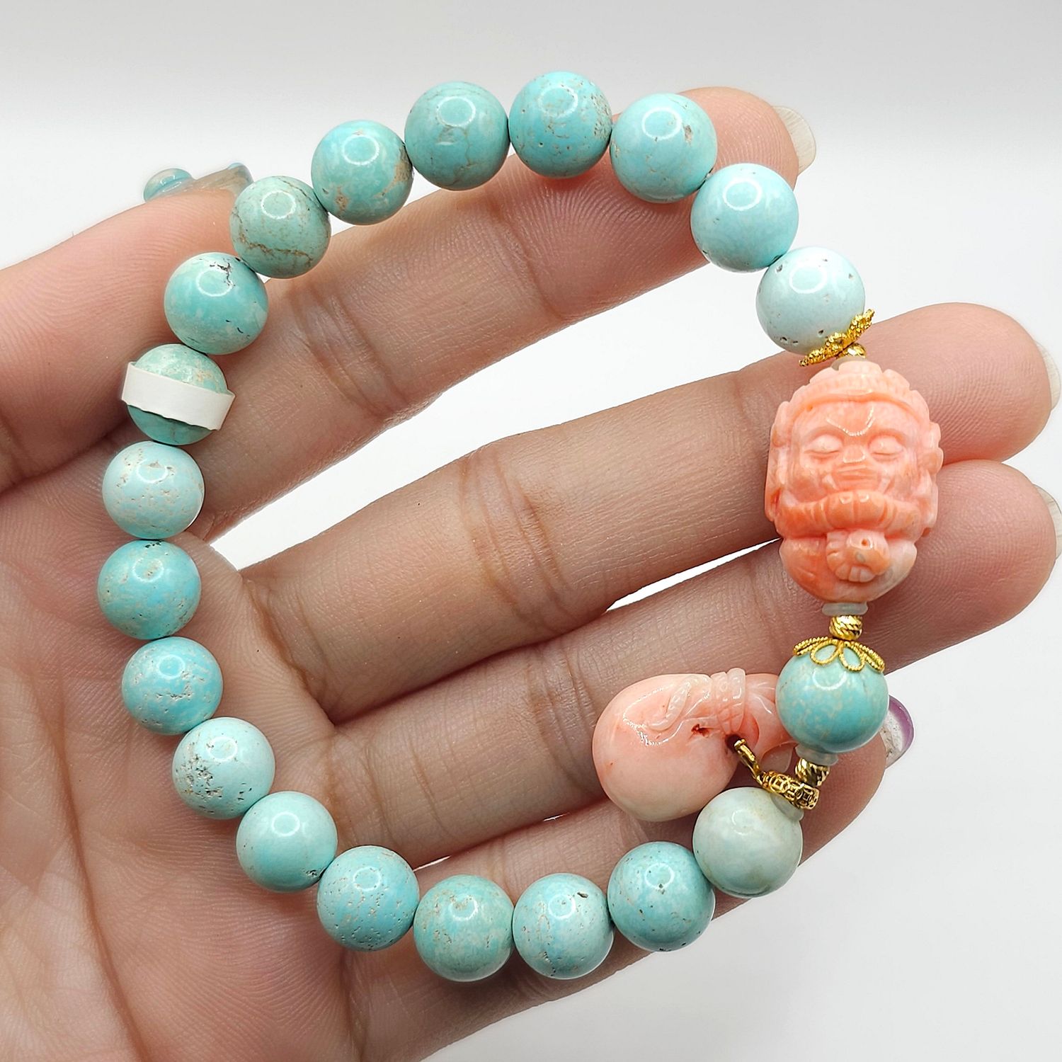 Natural Turquoise x Coral Ganesha &amp; Money Bag - 18K
