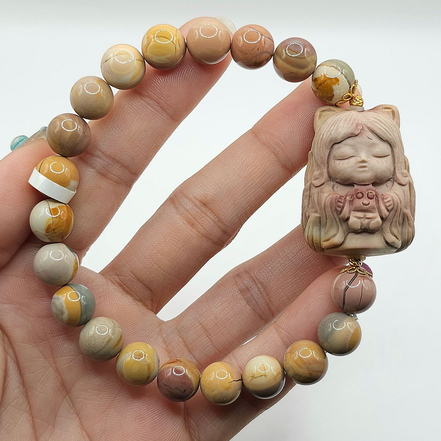 Natural Milk Tea Alashan Agate with 9 Tail Princess - 18K