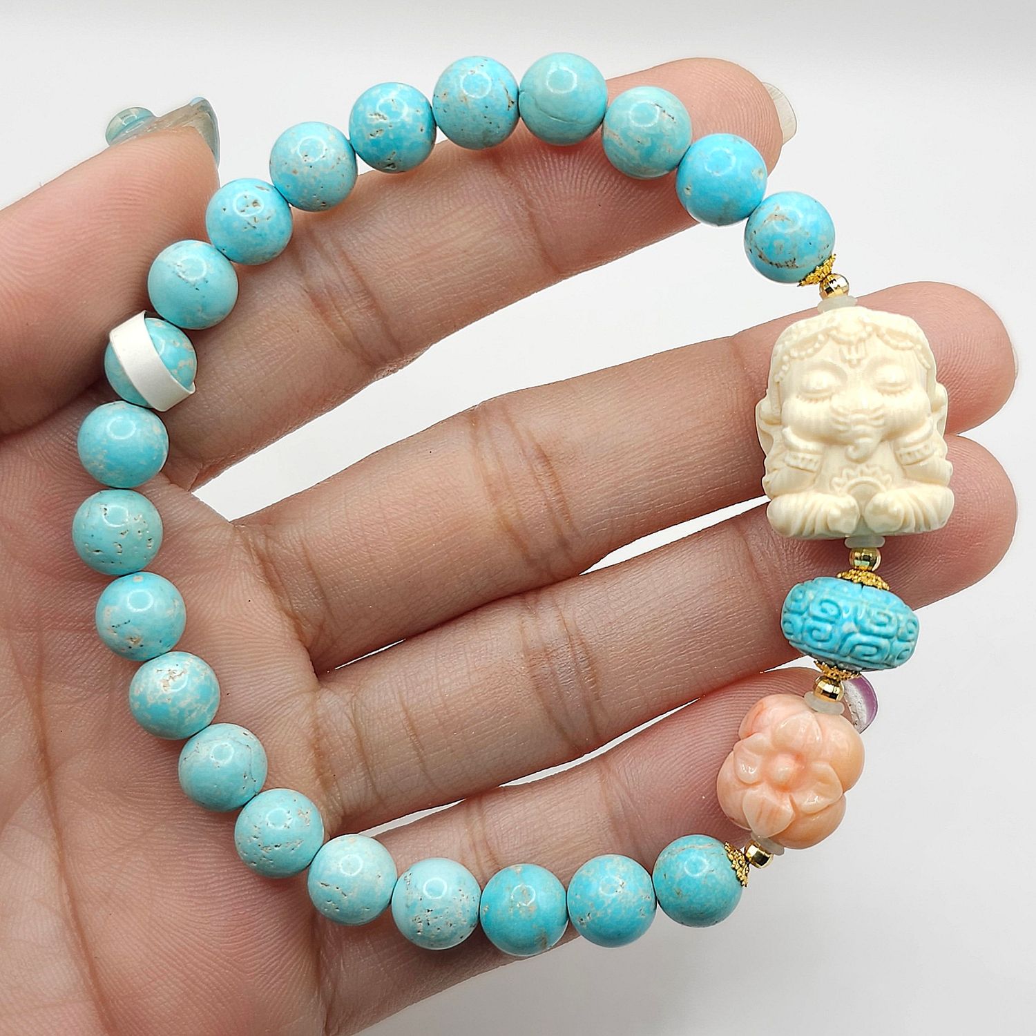 Natural Turquoise x Ivory Mammoth Ganesha x Coral Clover - 18K