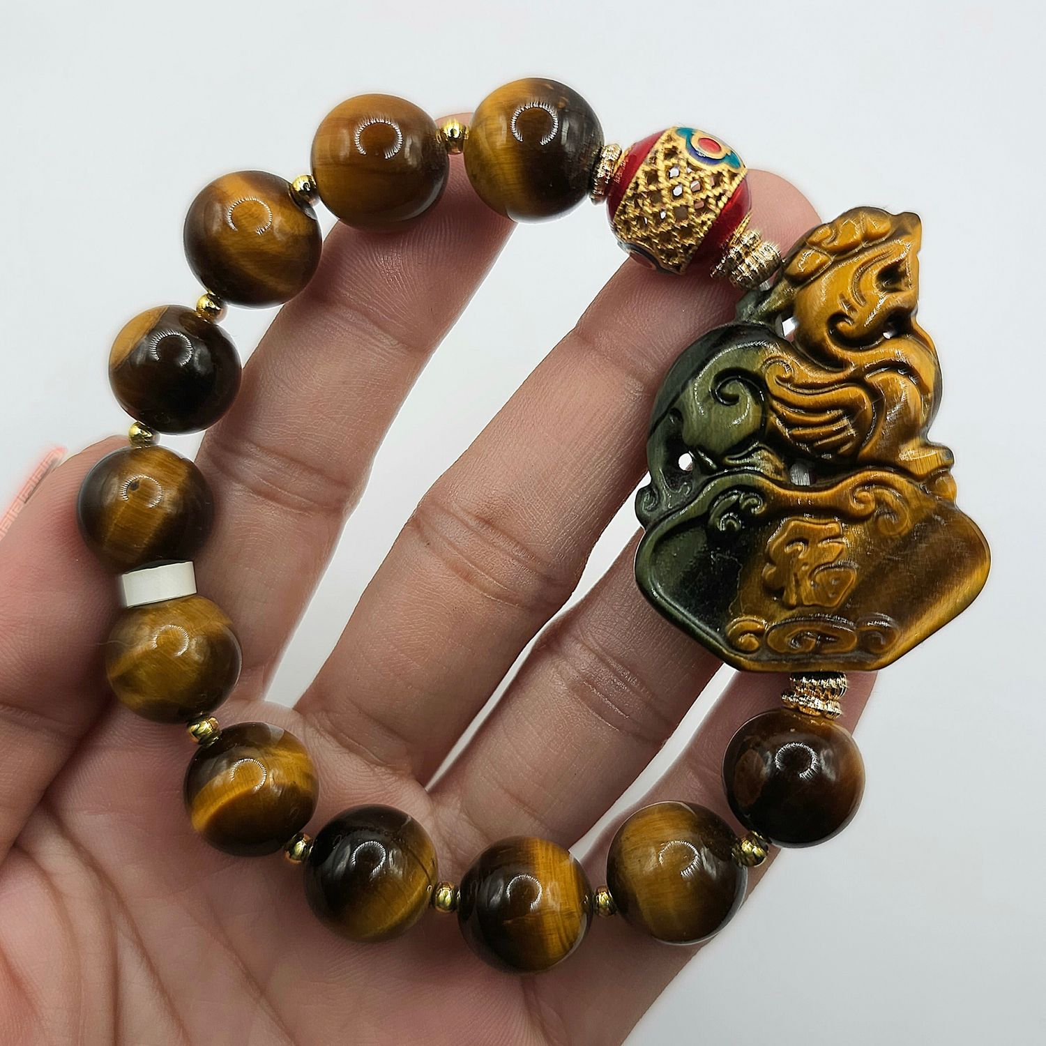 Natural Tiger Eye with Fu Dog &amp; Ruyi